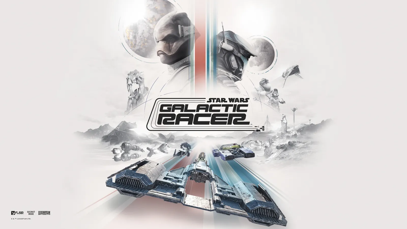 Key art for Star Wars Galactic Racer: two helmeted racers in profile above a desert landscape, with several racing craft speeding along a track below the game title